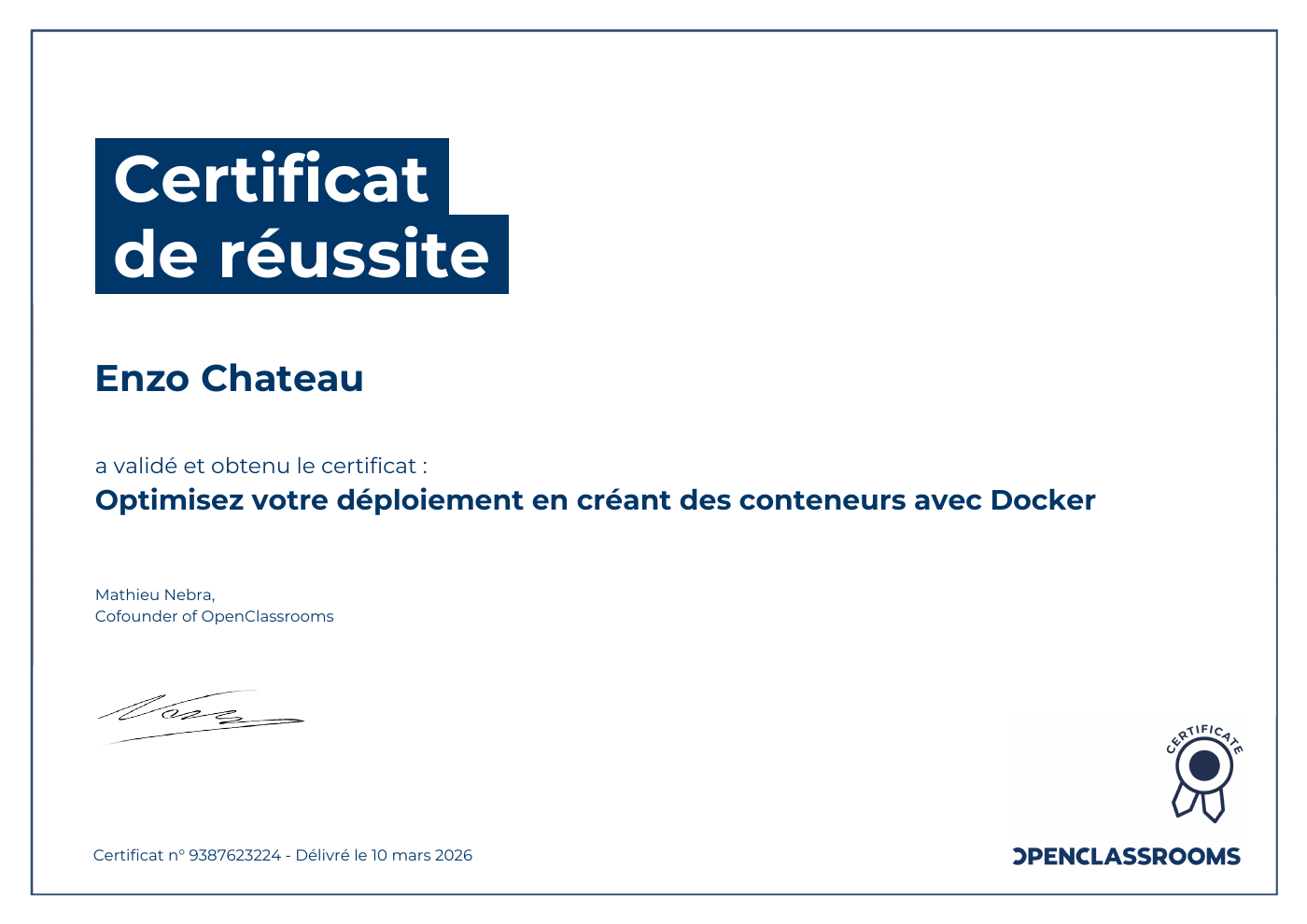 Aperçu du certificat de réussite Docker