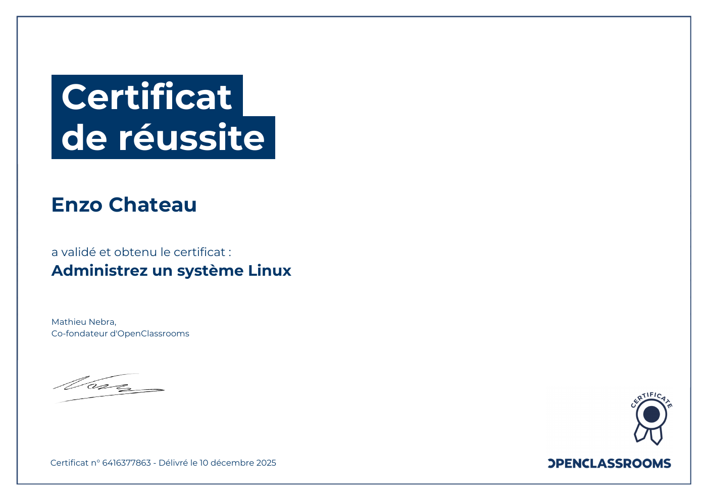 Aperçu du certificat de réussite : Linux